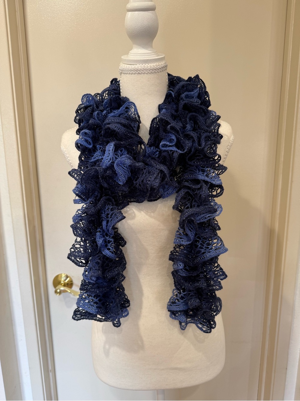 Ruffled Handmade Knit Scarf - Navy Blue